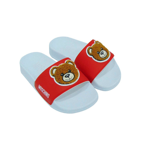 Red & White Moshino Sliders With Teddy Bear Motif