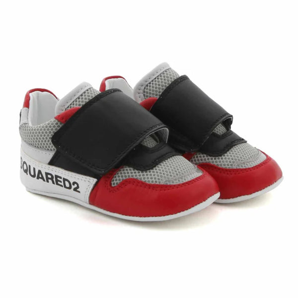 White And Red Sneakers With Velcro Strap