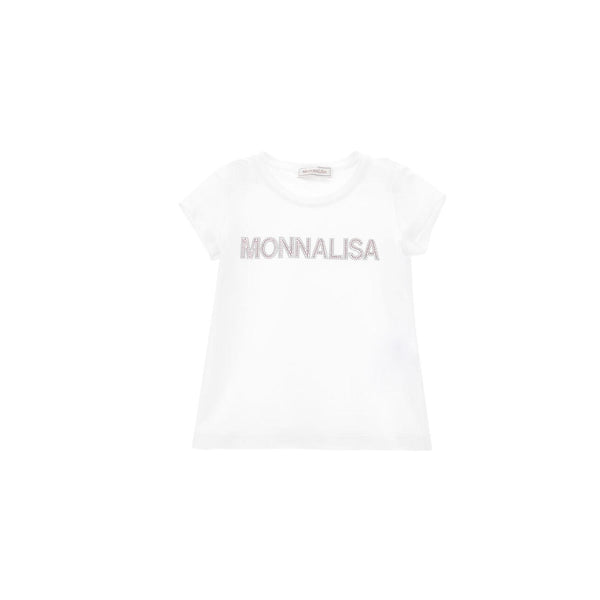 Girls White Cotton T-Shirt With Rhinestone Logo