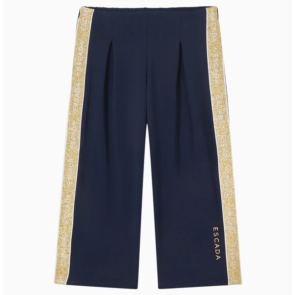 Girls Blue & Golden Logo-Print Flared Legs Pants