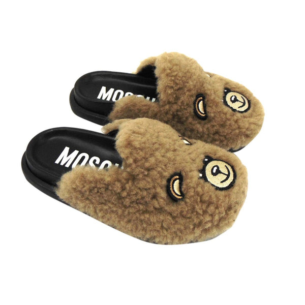 Faux Fur Mules With Teddy Bear Motif By Moschino