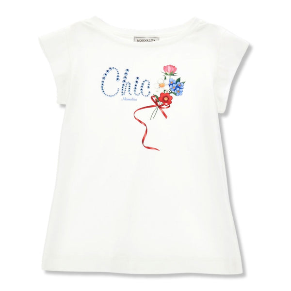 Girls White Flower-Print Cotton T-Shirt