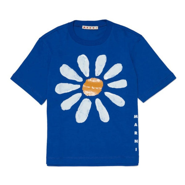 Girls Blue Jersey T-Shirt With Floral Print