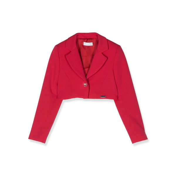 Girls Red Single-Breasted Cropped Blazer