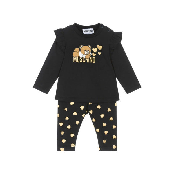 Baby Girls Black Cotton Hearts Leggings Set