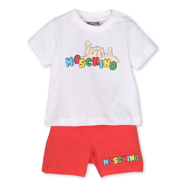 White & Red Logo-Debossed Short Set