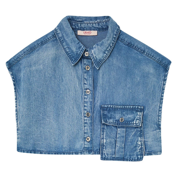 Girls Denim Blue Cropped Sleeveless Shirt