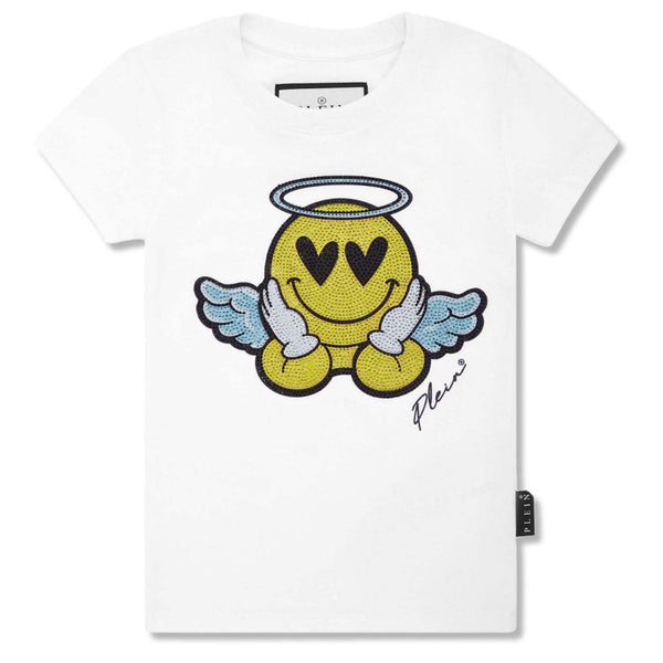 Unisex White Smiley-Squins Cotton T-Shirt