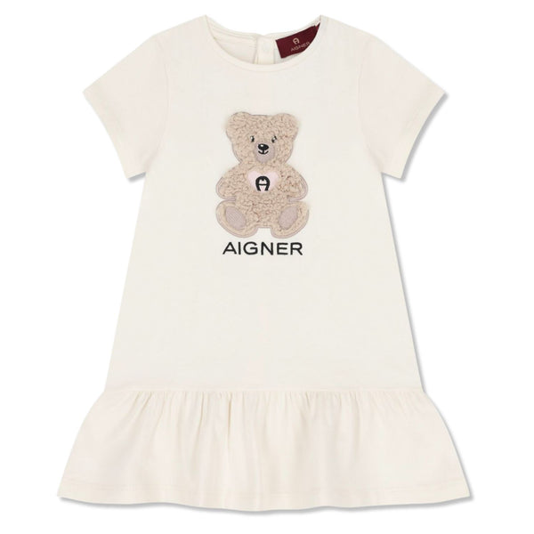 Baby Girls White Teddy Bear Logo-Patch Dresses