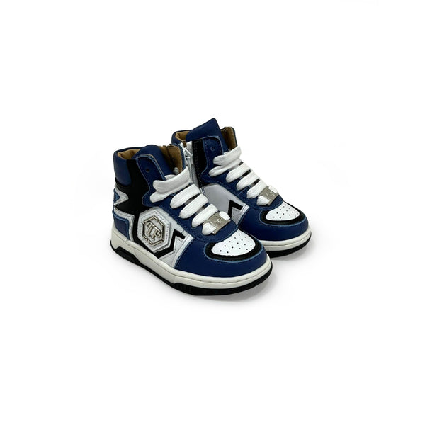 Boys White and Blue Leather Trainers