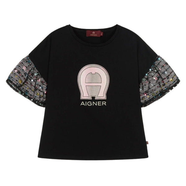 Girls Black Cotton & Tulle Sleeves T-Shirt