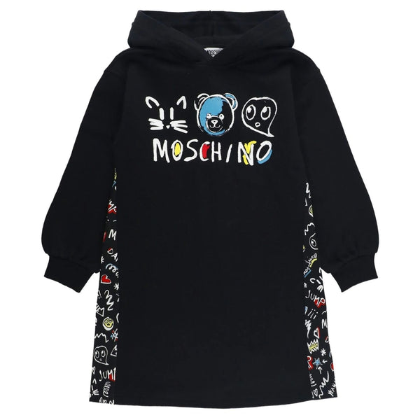 Girls Black Teddy Bear Logo-Print Hooded Dress