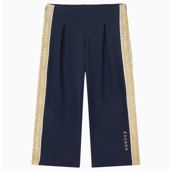 Girls Blue & Golden Logo-Print Flared Legs Pants