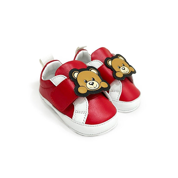 Red Teddy Bear-Patch Leather Crib Shoes