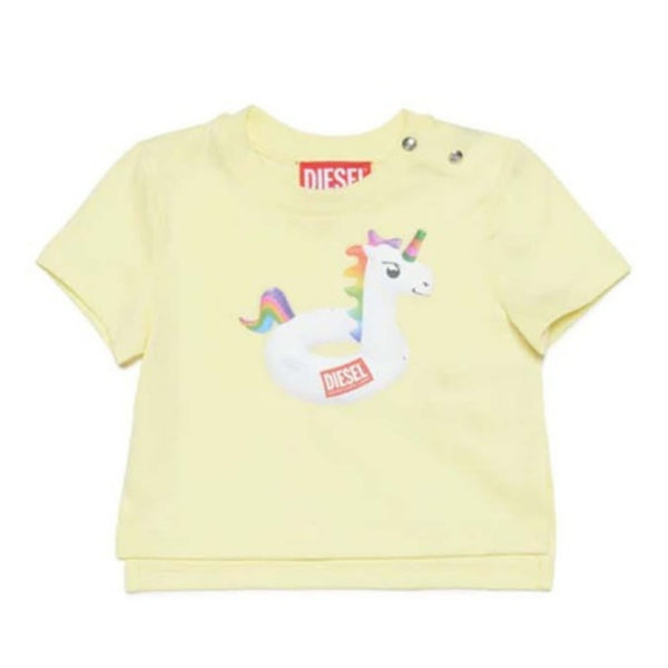 Yellow jersey beachwear T-shirt with unicorn print
