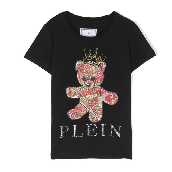 Girls Black Crystal-Embellished Teddy Print T-shirt