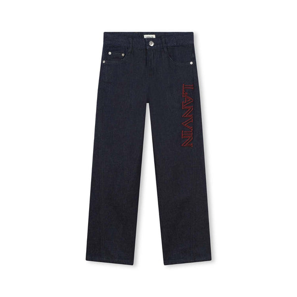 Boys Dark Denim Blue Embroidered-Logo Jeans