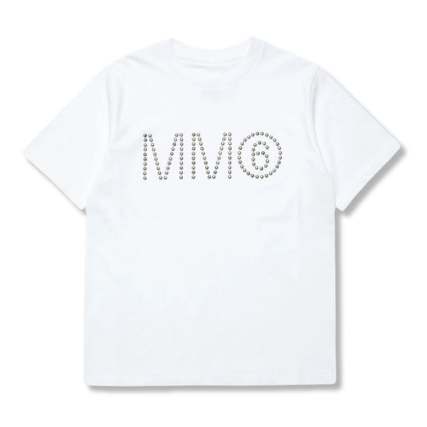 Girls White Cotton Studded Logo T-shirt