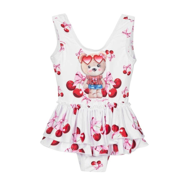 Girls White Cherry & Teddy Swimsuit