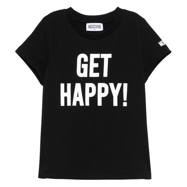 Unisex Black Get Happy Print Cotton T-Shirt