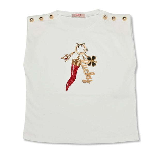 Girls White Sleeveless T-Shirt With Rhinestones
