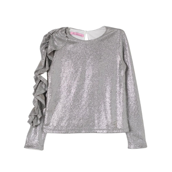 Girls Silver Glitter Detalling Floral-Sleeves Top