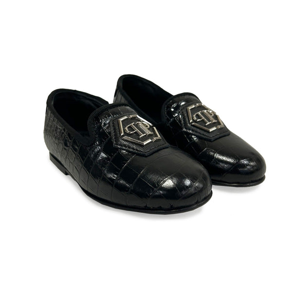 Boys Black Leather Logo-Plaque Loafers