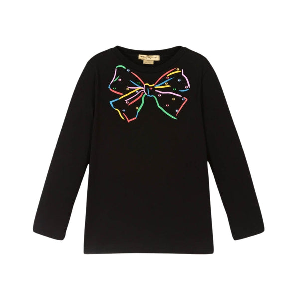 Girls Black Cotton Bow Print T-Shirt