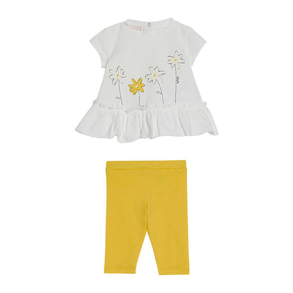 Girls White & Yellow Cotton Leggings Set