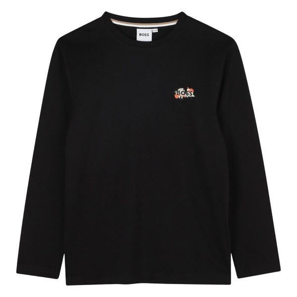 Boys Black Embroidered-Logo T-Shirt