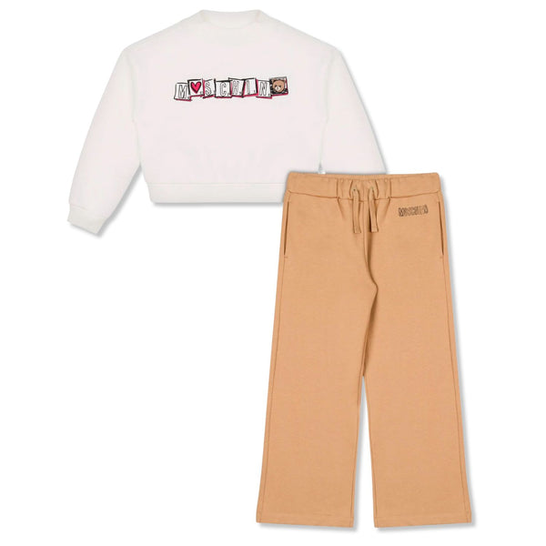 Girls White & Beige Logo-Print Trousers Set