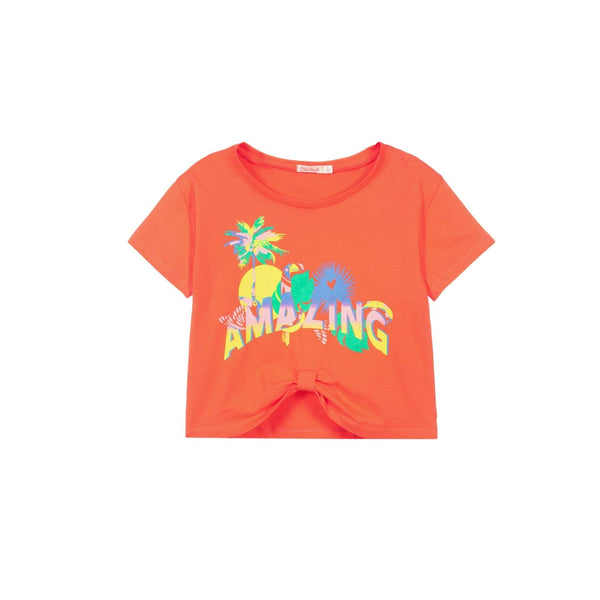 Girls Orange Tropical Print Cotton T-Shirt