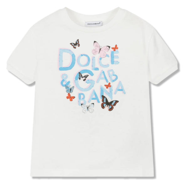 Girls White Cotton Butterfly Logo T-Shirt