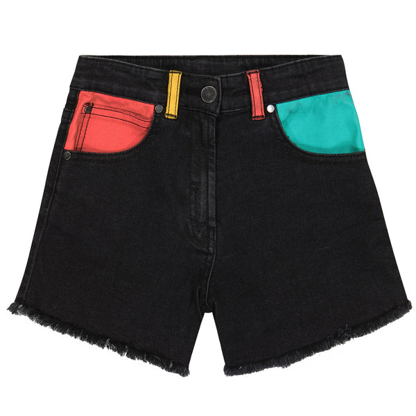 Black Denim Shorts With Colourful Pockets & Belt Loops
