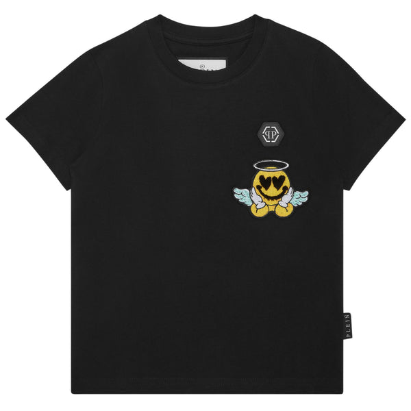 Boys Black Logo Smiley-Patch Cotton T-Shirt
