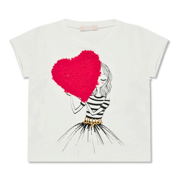 Girls White Heart Patch Cotton T-Shirt