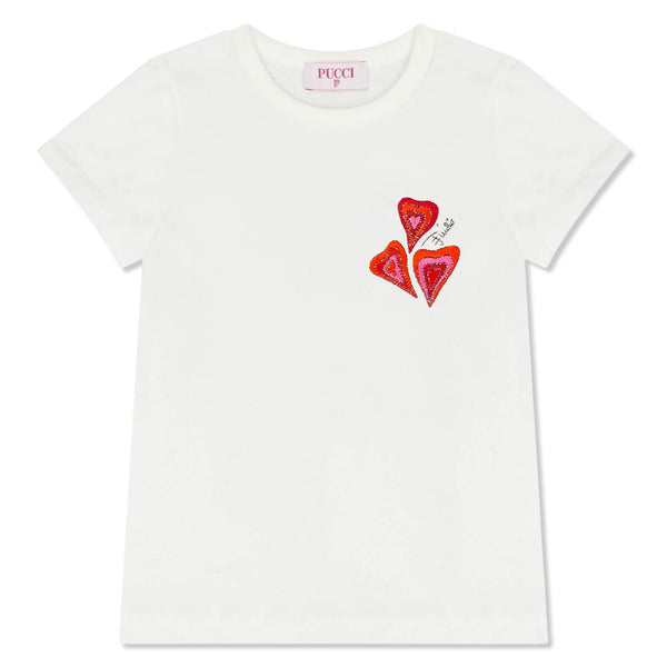 Girls White Heart-Embroidery T-shirt