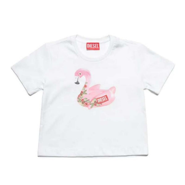 Girls White Jersey T-shirt with pink flamingo print