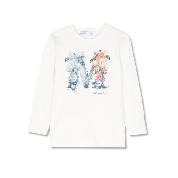Girls White M Floral-Print Full-Sleeves T-shirt