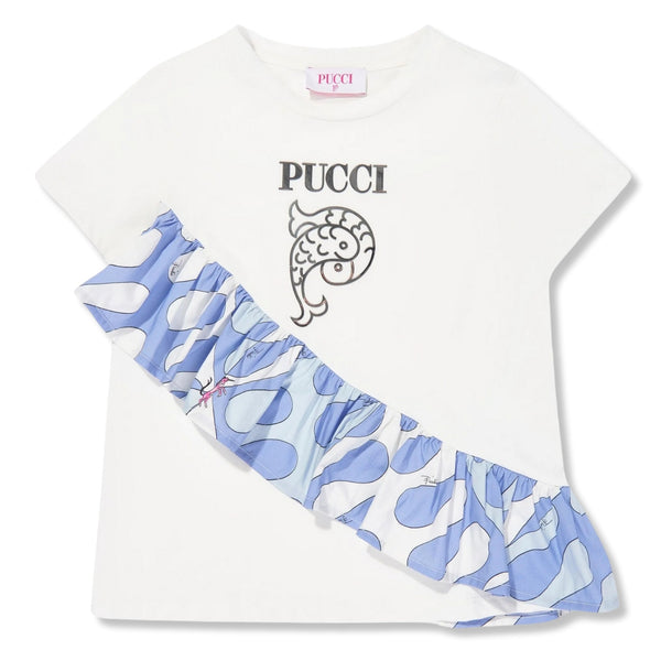 Girls White Logo-Print Ruffled T-Shirt