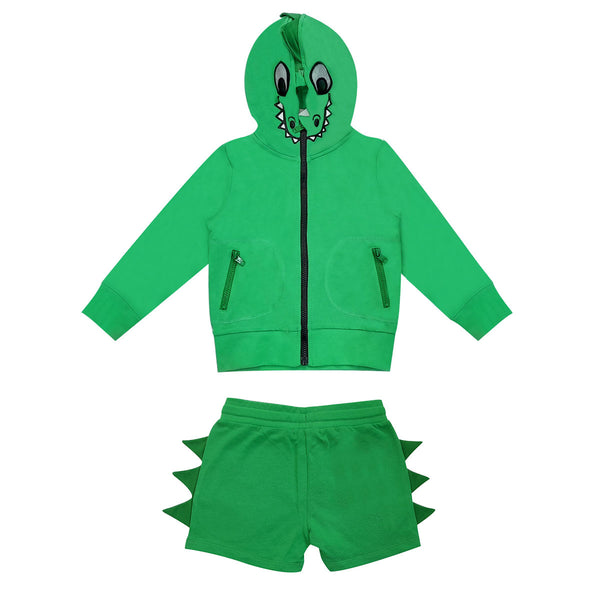 Green Crocodile Face Print Hoodie With Matching Cotton Fleece Shorts