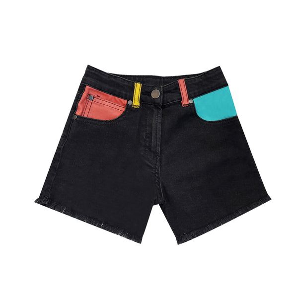 Black Denim Shorts With Colourful Pockets & Belt Loops