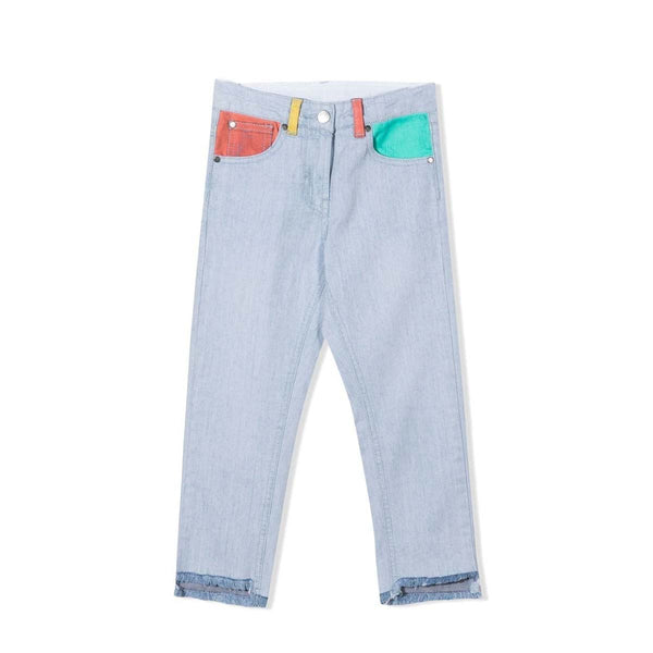Girls Blue Chambray Pants With Colorful Pockets And Belt Loops
