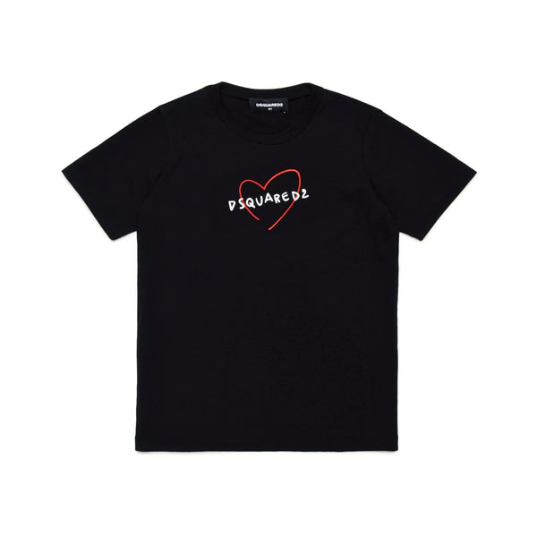 Girls Black Stylised Heart-Print T-Shirt