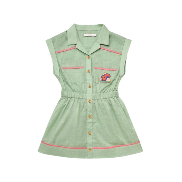 Girls Green Front Patch Pockets Dress