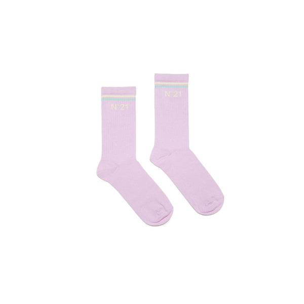 Pink Cotton Blend Socks With Stripes And Logo