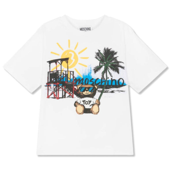 Unisex White Beach Print Cotton T-Shirt