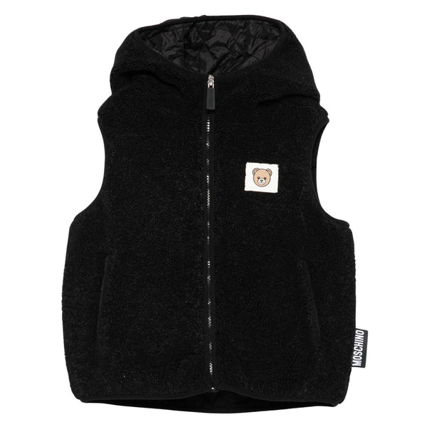 Unisex Black Teddy Bear Logo-Print Waistcoat