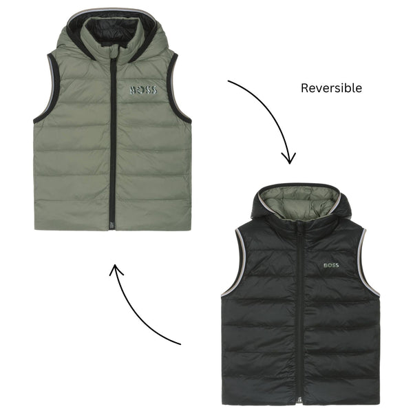 Boys Green & Black Down Padded Reversible Gilet