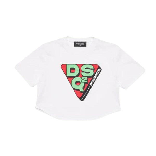 Girls White Triangular Logo Print T-Shirt
